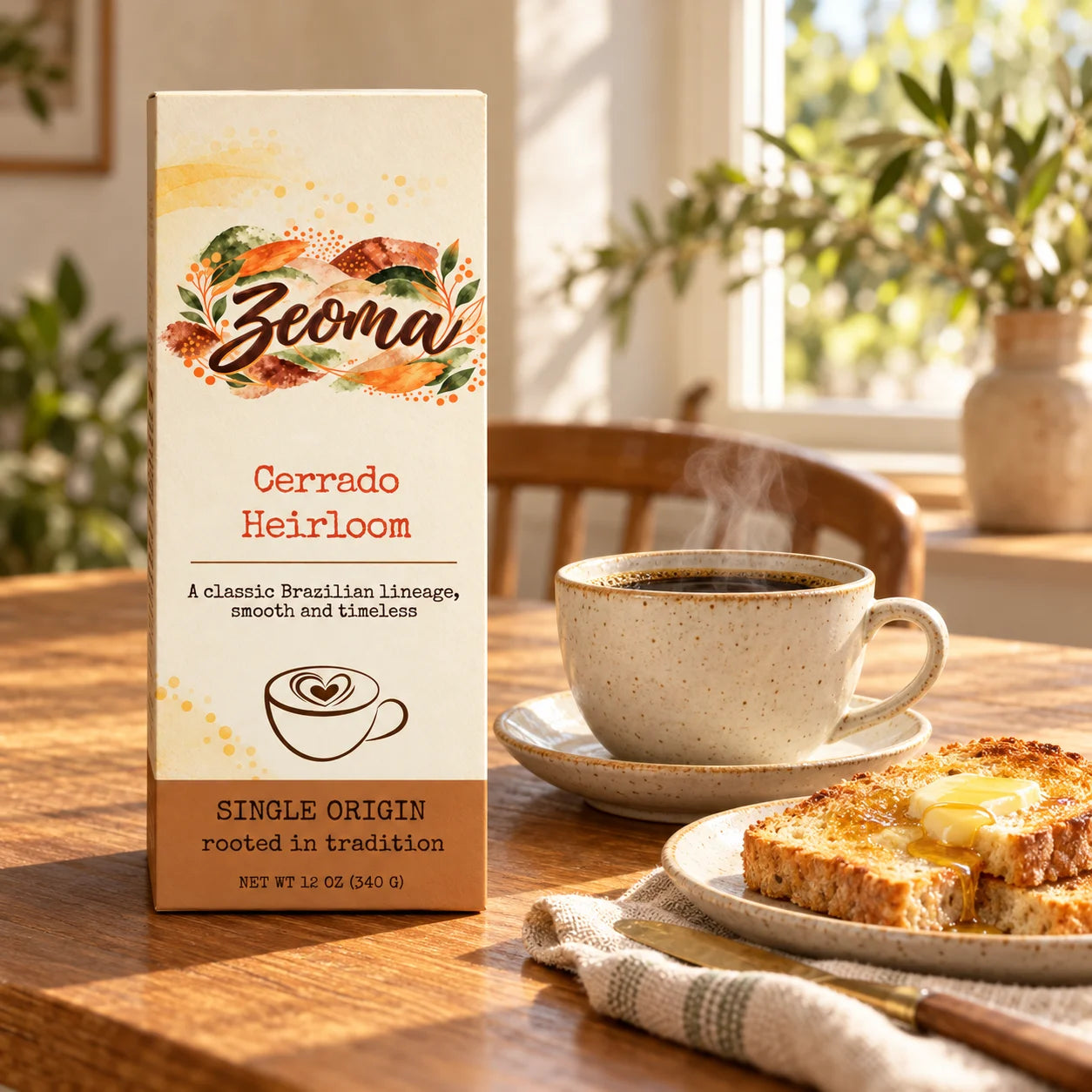 Zeoma Cerrado Heirloom coffee beside a warm breakfast and a cup of coffee